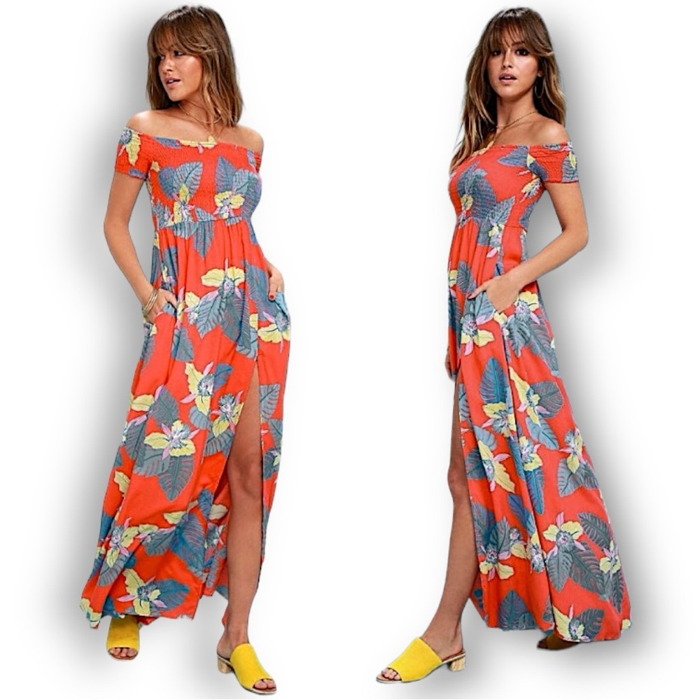 Lulu's Off-the-Shoulder Smocked Coral Maxi Summer Dress Sz Sm NWT